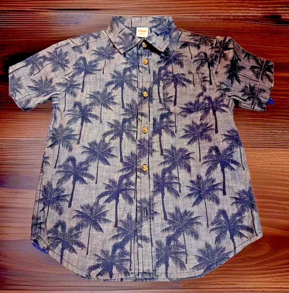 Gymboree Island Hopper Button Down Top Shirt Navy Palm Tree Boys S 5/6 NWOT